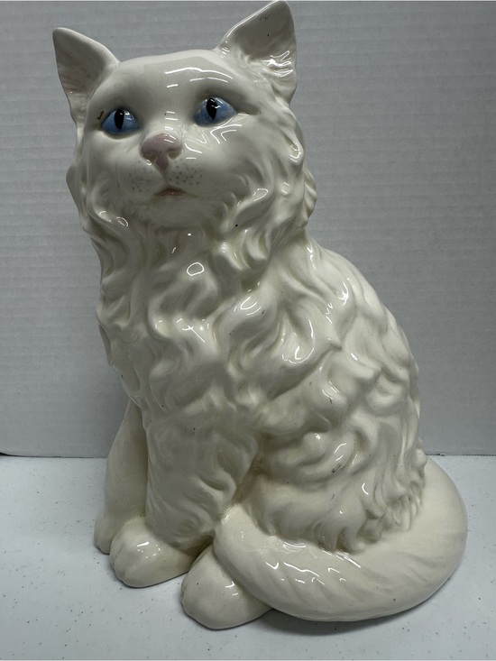 Handmade Other - Vintage White Ceramic Blue Eyed Long Hair Cat Figurine Statue 11” Home Decor